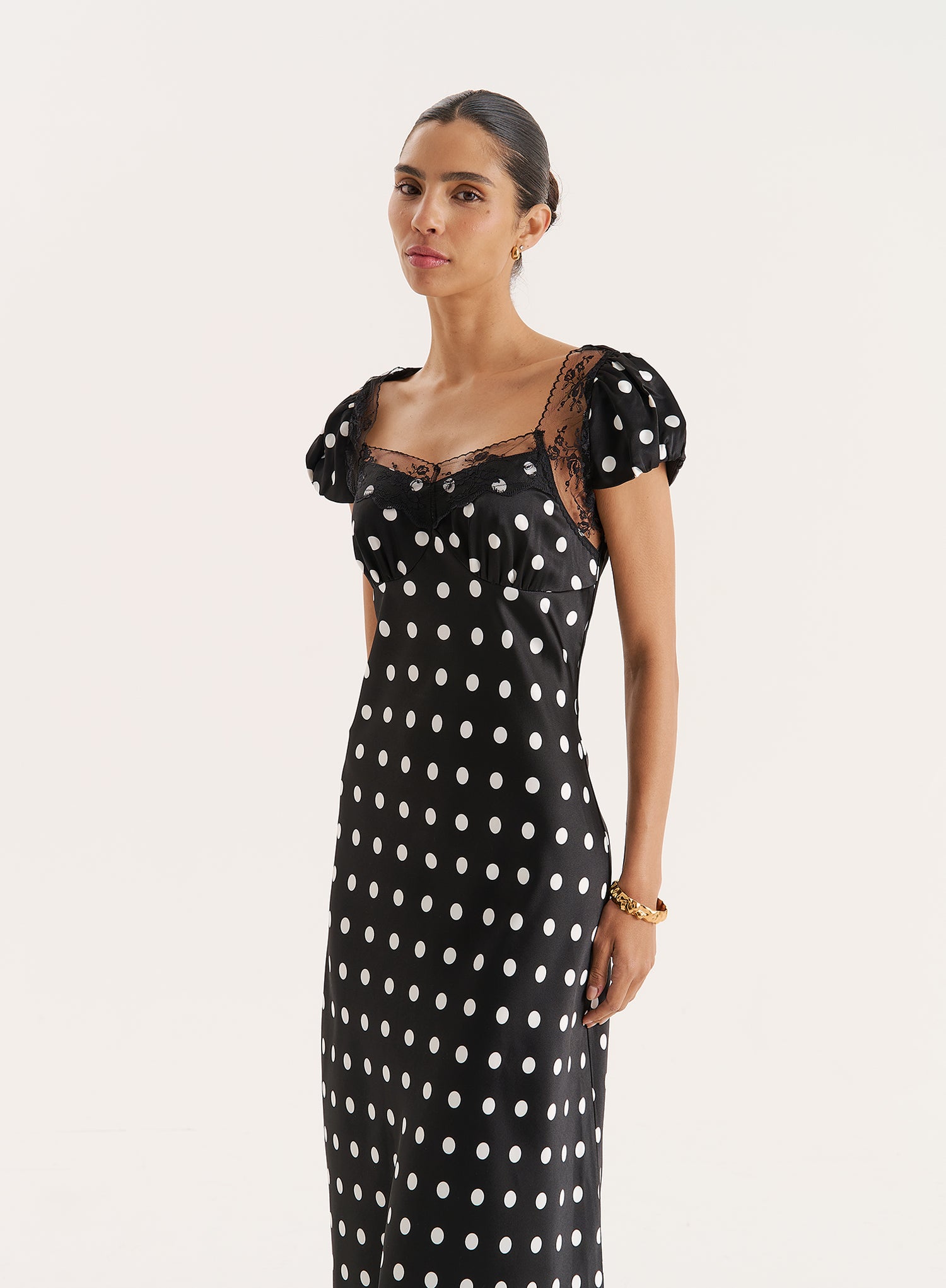 Black Polka Dot Print Satin Slip Maxi Dress